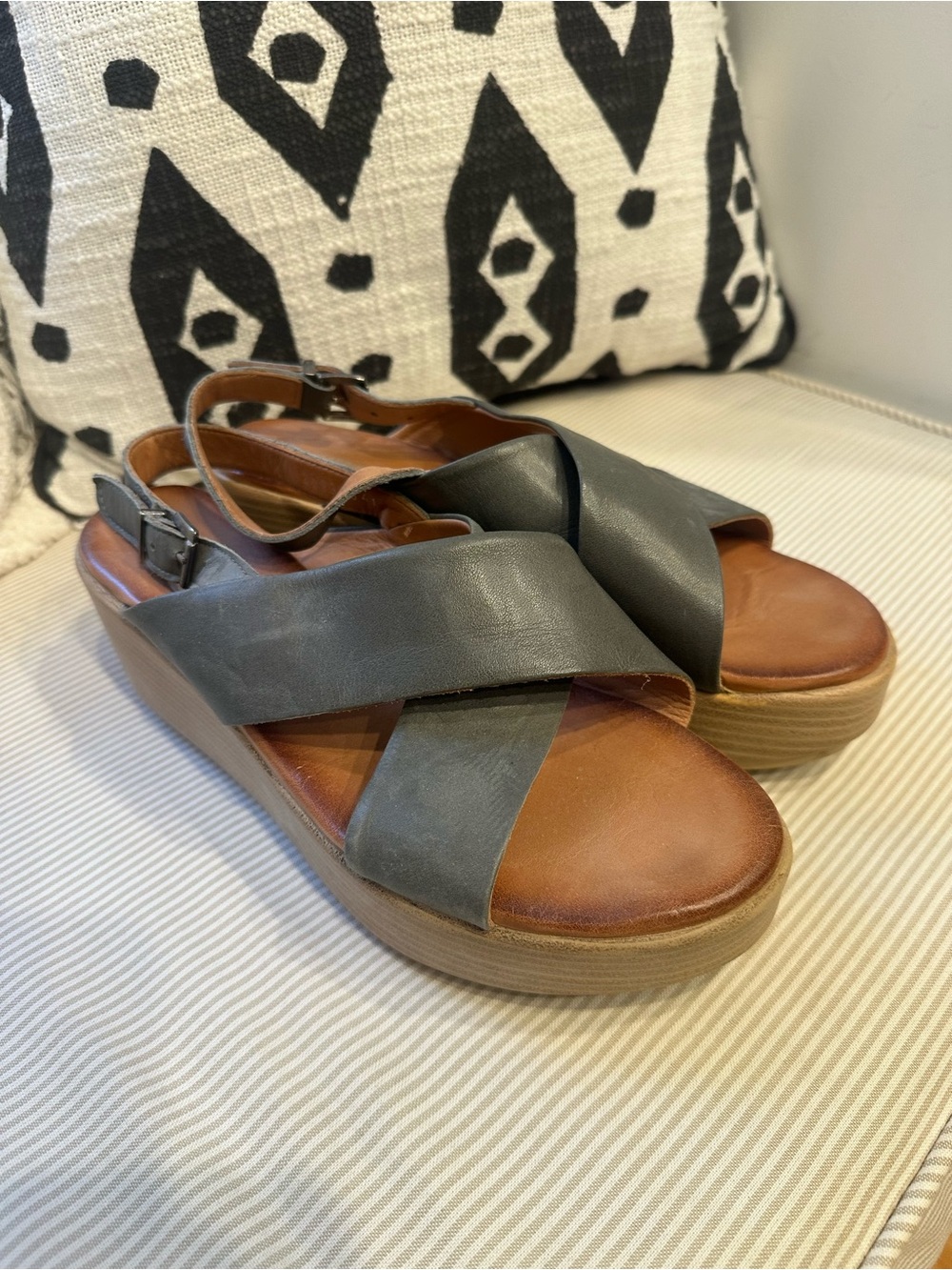 Women’s Gray Leather Cross-Band Slingback  wedge Sandals